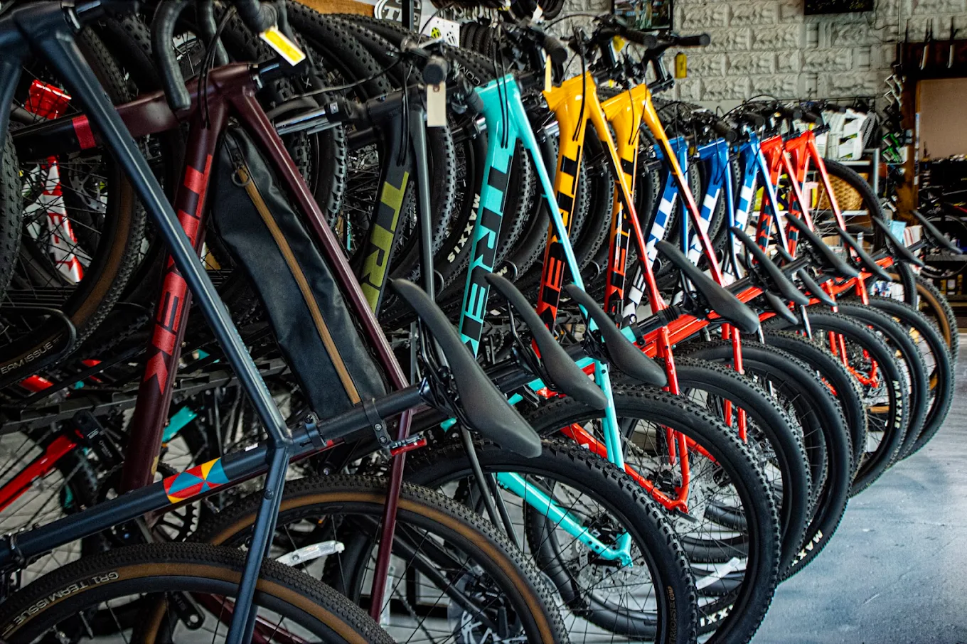 Trek bikes lined up at Bike and Paddle shop York Maine